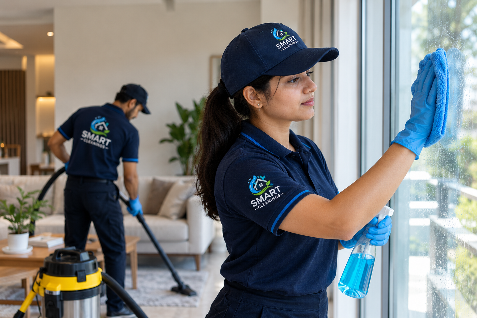 Professional cleaner in uniform wiping a modern kitchen counter